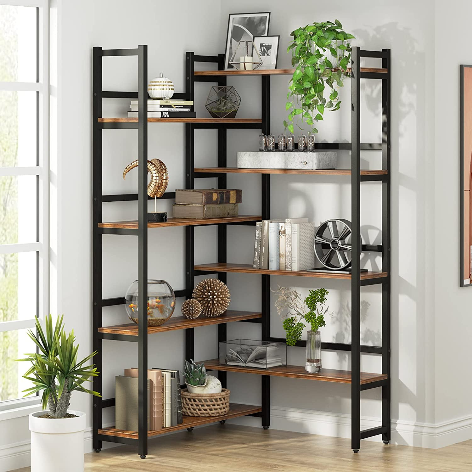 Industrial Brown 70" Corner Bookshelf with Adjustable Metal Frame