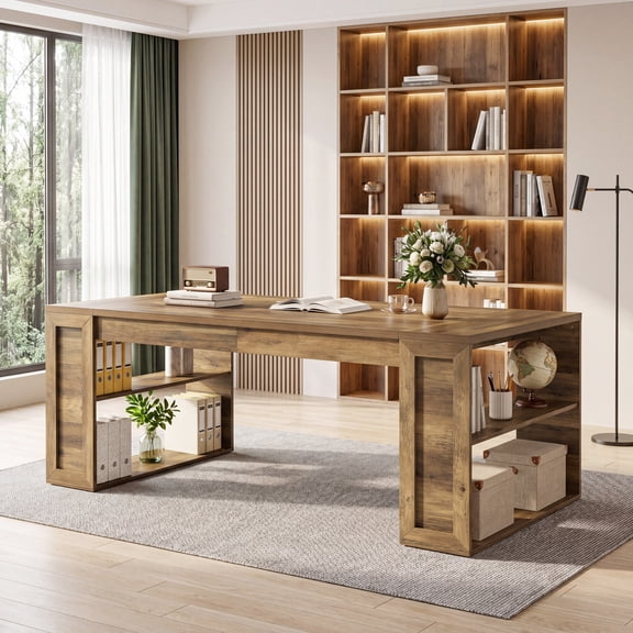 Tribesigns 70.8-Inch Executive Desk, Large Wooden Computer Desk with Open Side Storage Shelves