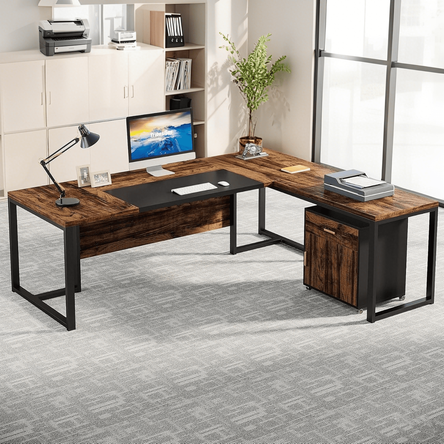 71'' Rustic Brown and Black L-Shaped Desk with Mobile File Cabinet