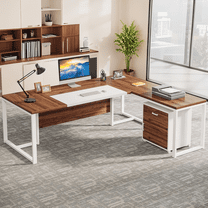 Tribesigns 70.8-Inch Executive Desk with File Cabinet, Large L Shaped Computer Desk with Storage Cabinet, Walnut & White