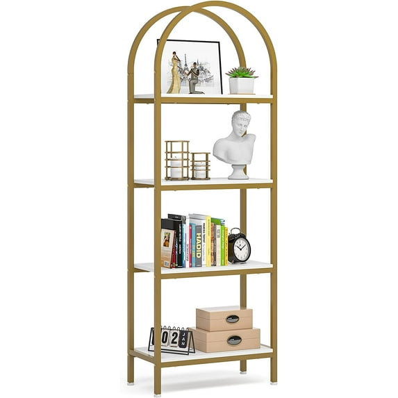 Tribesigns 70.8" Industrial Wood Bookcase, 4-Tier Open Bookshelf Storage Shelves with Metal Frame, White and Gold