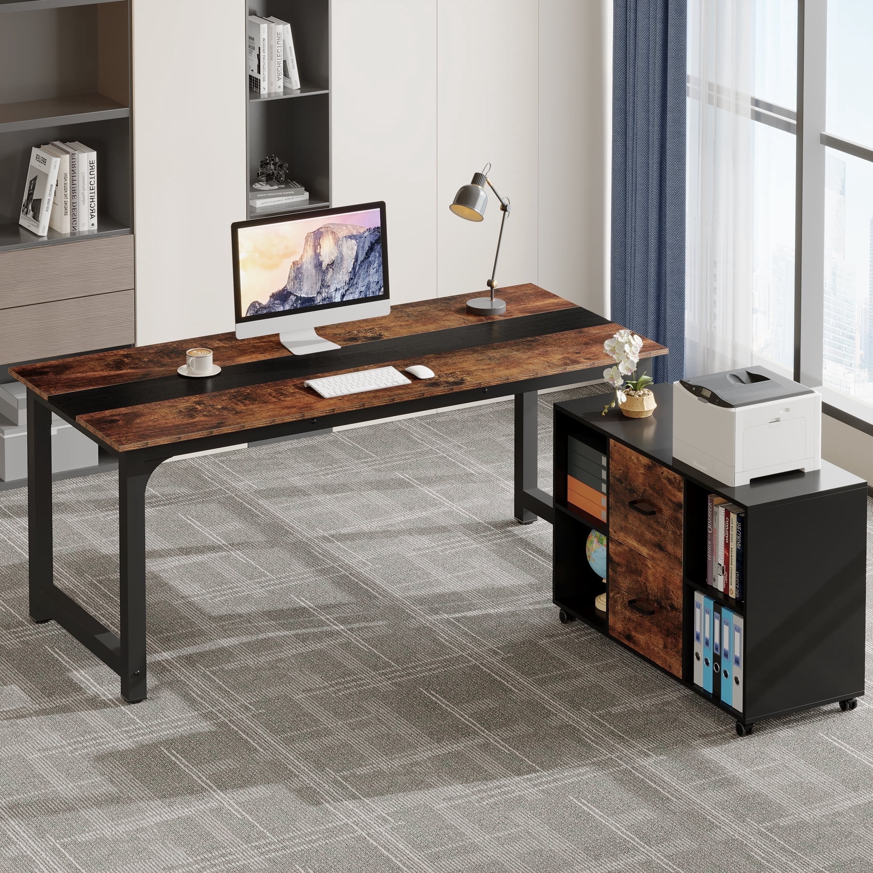 Tribesigns Executive Computer Desk with File Cabinet, 71-inch Home Office Desk with Filing Storage Drawer Cabinet, Brown & Black