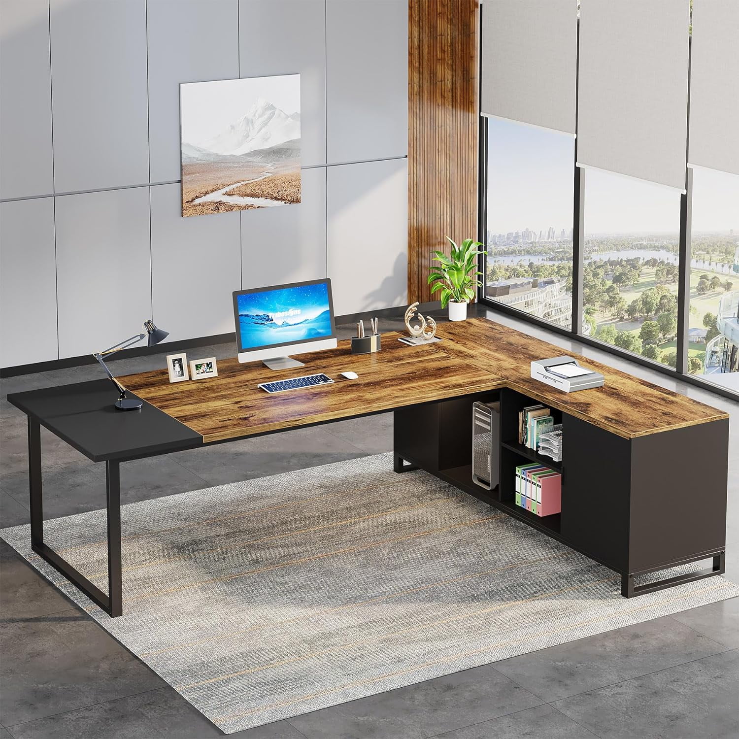 Tribesigns 70.8 L Shaped Executive Desk with 55 File Cabinet Modern L Shaped Computer Desk with Storage Shelves and Cabinet for Home Office Walnut White Walmart Business Supplies