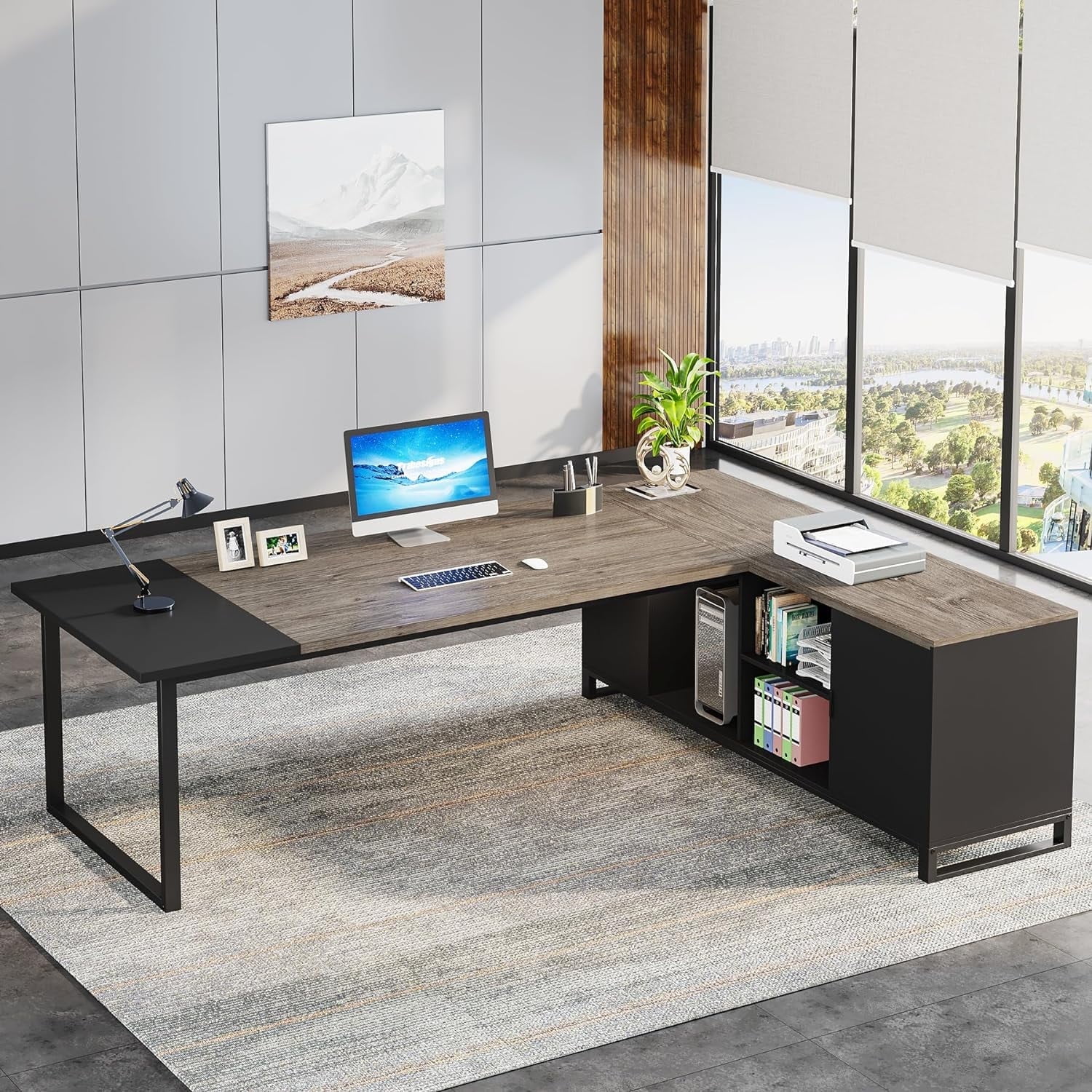 Tribesigns 70.8" L-Shaped Executive Desk with 55" File Cabinet, Modern L-Shaped Computer Desk with Storage Shelves and Cabinet for Home Office, Retro Gray