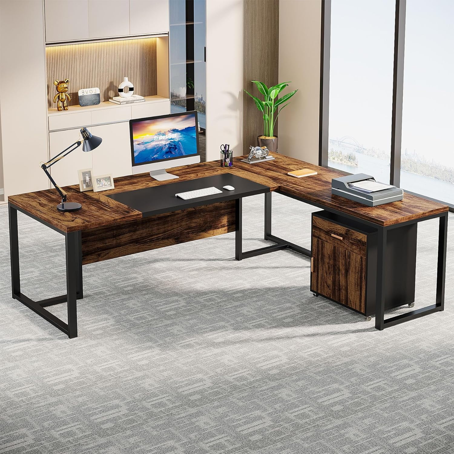 71'' Rustic Brown and Black L-Shaped Desk with Mobile File Cabinet