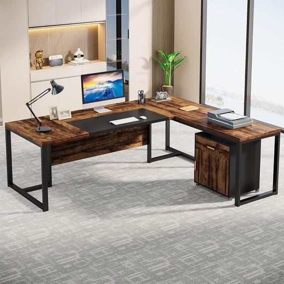 Tribesigns 70.8” L-Shaped Executive Desk with File Cabinet, Large Executive Office Desk with Removable File Cabinet, Modern Business Furniture Set for Home Office, Rustic Brown