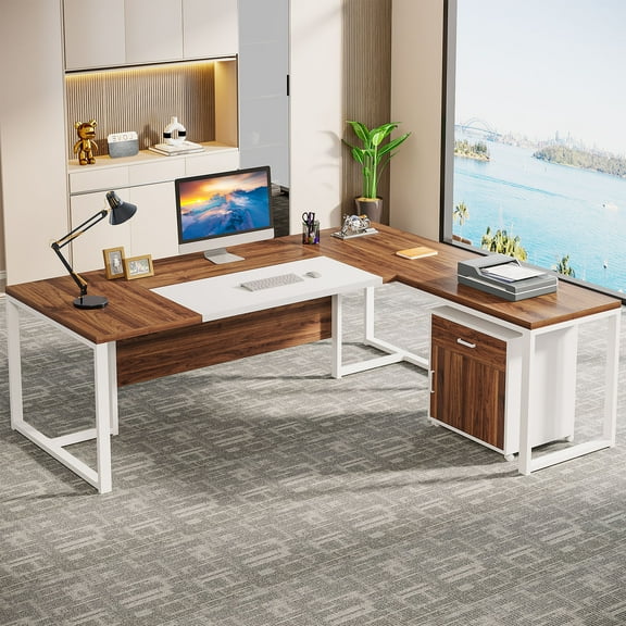 Tribesigns 70.8” L-Shaped Executive Desk with File Cabinet, Large Executive Office Desk with Removable File Cabinet, Modern Business Furniture Set for Home Office, Walnut & White