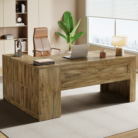 Tribesigns 70.8" L-Shaped Executive Desk, Large Computer Table with Storage Cabinet, Modern Business Furniture with Shelves, Wooden Farmhouse Workstation for Home Office (Rustic Brown)