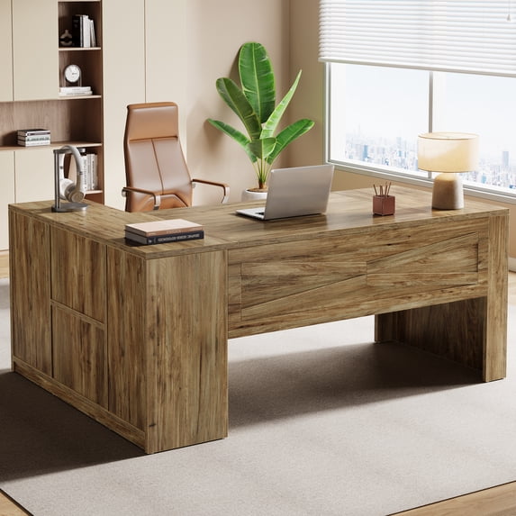 Tribesigns 70.8" L-Shaped Executive Desk, Large Computer Table with Storage Cabinet, Modern Business Furniture with Shelves, Wooden Farmhouse Workstation for Home Office (Rustic Brown)
