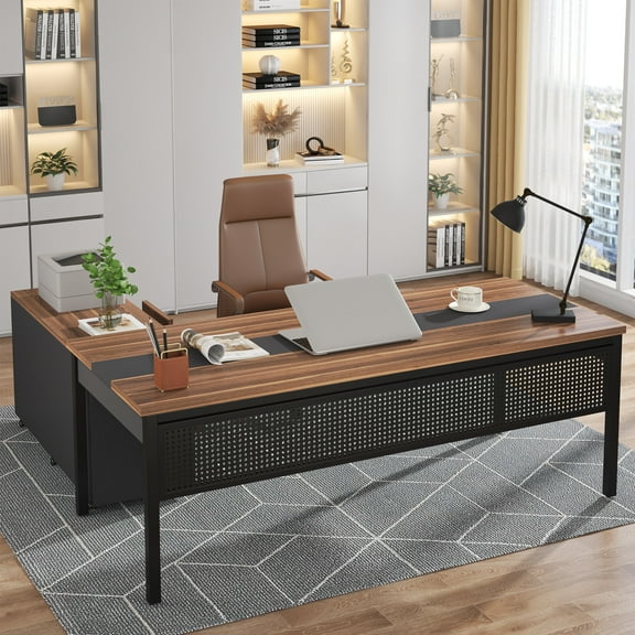 Tribesigns 70.8" Large Computer Desk with 47" File Cabinet, L Shaped Executive Office Desk Workstation, Walnut & Black