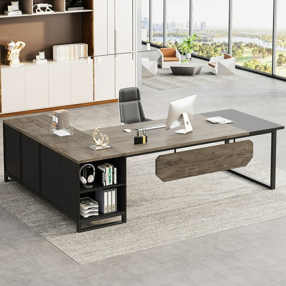 Tribesigns 70.8" Large L Shaped Computer Desk with Storage Cabinet, Gray & Black 29.53" Tall Desk
