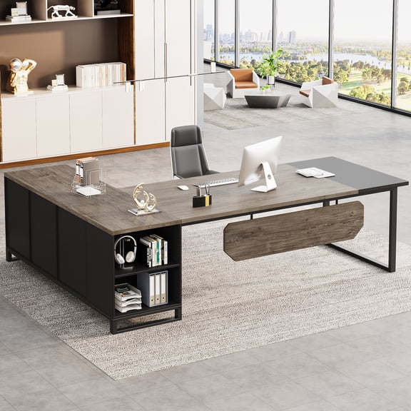 Tribesigns 70.8" Large L Shaped Computer Desk with Storage Cabinet, Gray & Black 29.53" Tall Desk
