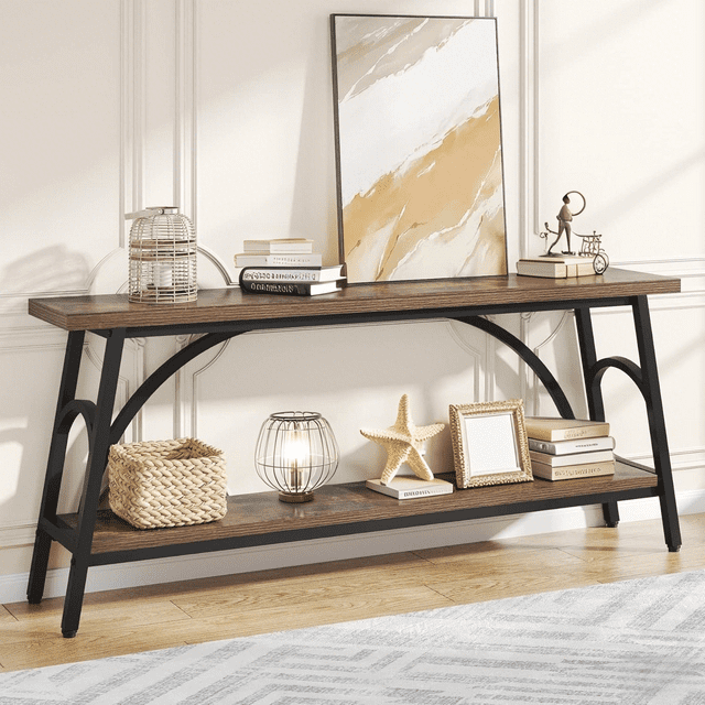 Tribesigns 70.8”Sofa Tables, Extra Long Console Tables for Entryway, 2 Tier TV Stand with Steel Frame for Living Room, Rustic Brown Black