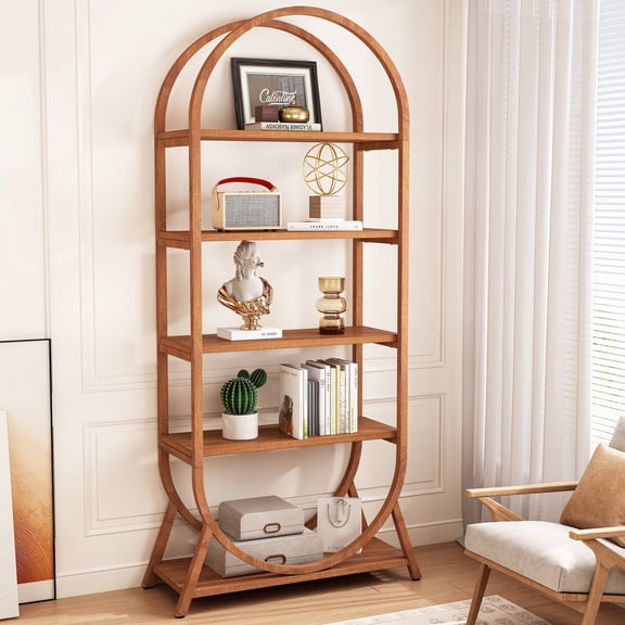 Tribesigns 70.8" Tall Open Bookshelf, Modern Arched Bookcase Storage Bookshelves for Office, Bedroom, Living Room, Bright Brown