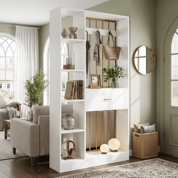 Tribesigns 70.8" Wall Room Divider with Shelves, Modern Freestanding Wood Room Partition with Drawer & Coat Racks for Home, Office, White & Gold