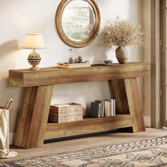 Tribesigns 70.86 in Extra Long Sofa Console Table, Farmhouse 2-Tier Wooden Behind Couch Table, Rustic Brown