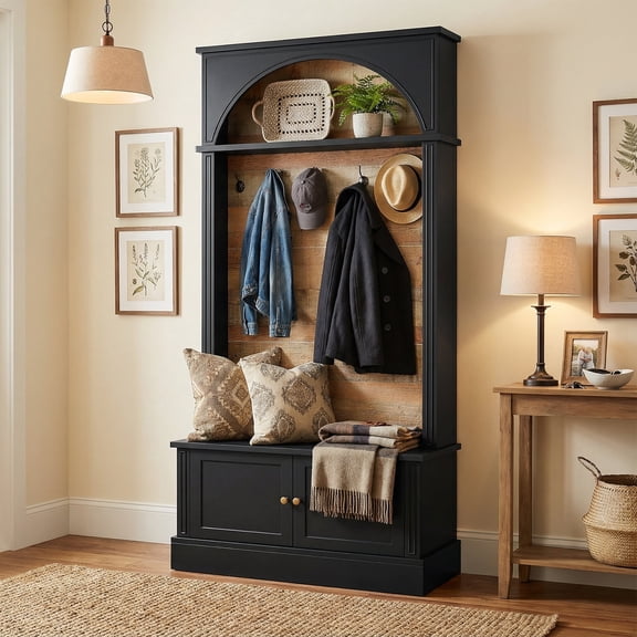 Fnova 70.86" Hall Tree with Storage Bench, 4-in-1 Design Entryway Bench with Coat Rack, Farmhouse Closet Organizer with 5 Hooks and Adjustable Shoe Storage for Entryway, Hallway, Black