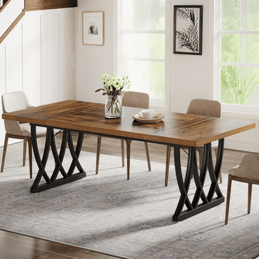 Tribesigns 70.86-Inch Dining Table for 6-8 People, Rectangle Wood Kitchen Table with Heavy Duty Metal Frame for Kitchen, Living Room (Retro Brown & Black)