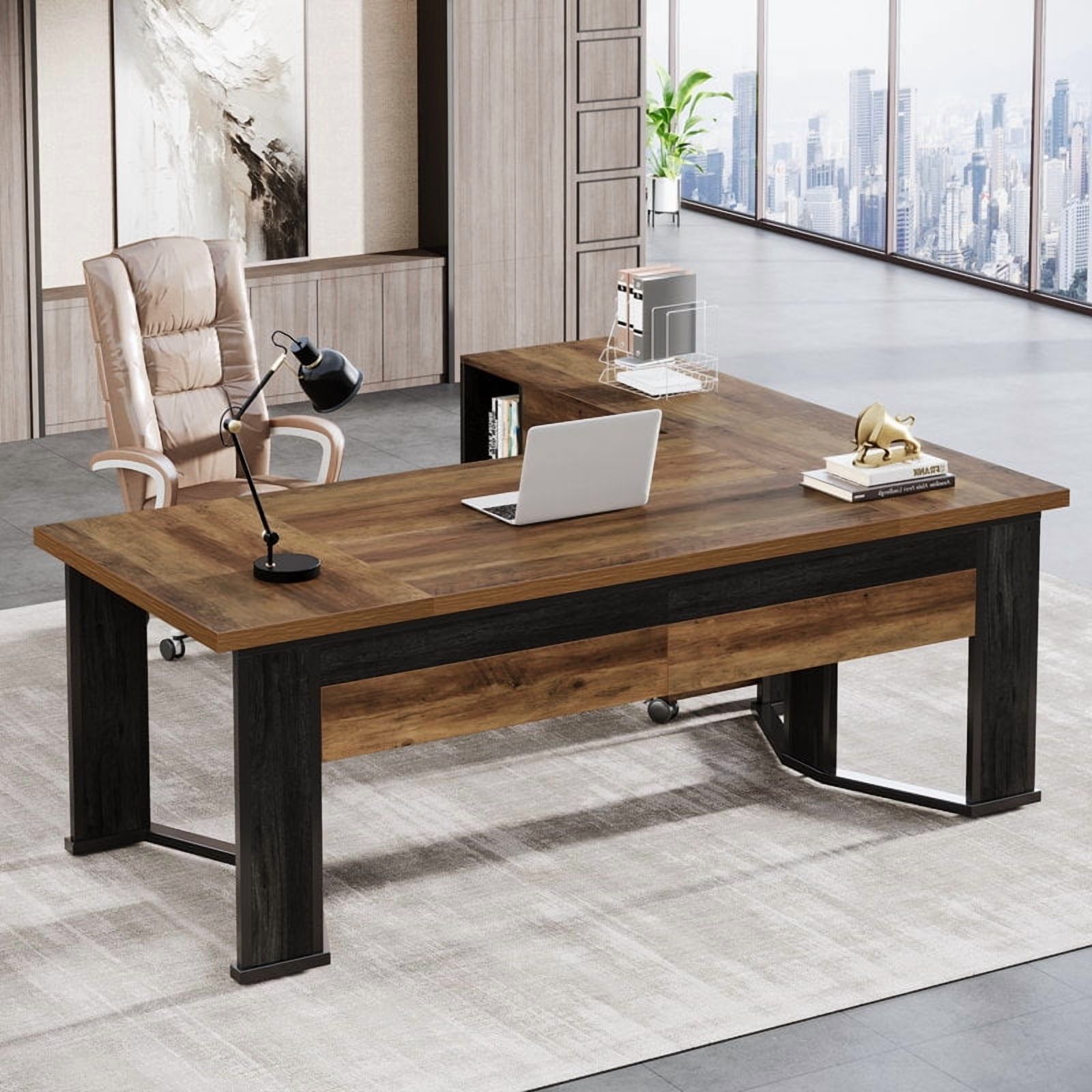 Tribesigns 70.86" L Shaped Executive Desk with Mobile File Cabinet, 2 Drawers and Storage Shelves for Home Office, Brown
