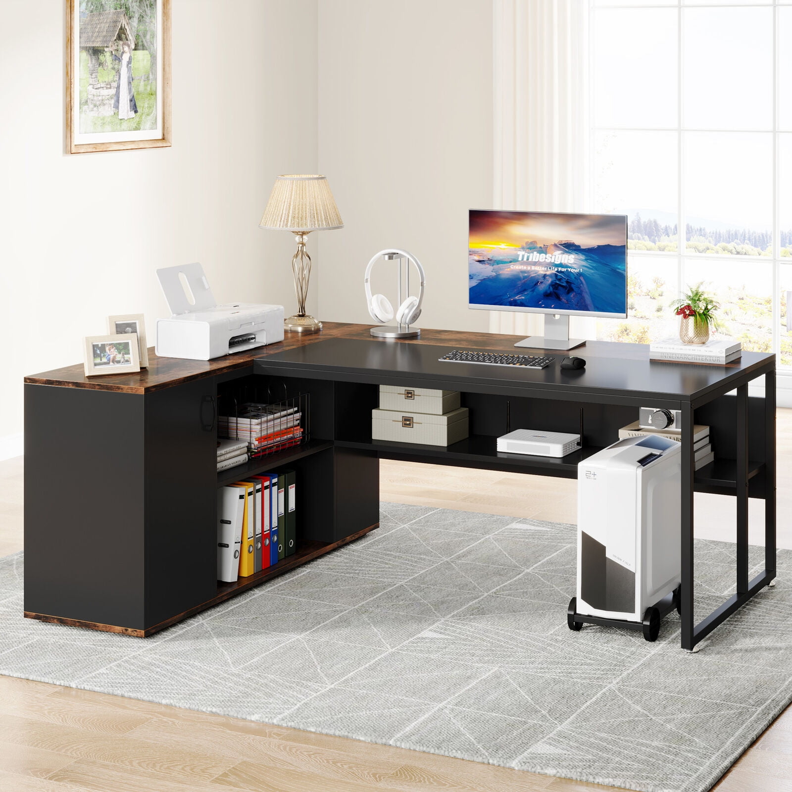 YUZHOU 63 inch Large Executive Desk Office Desk with Storage Shelf for Home  Office, Rustic Brown Black - ShopStyle