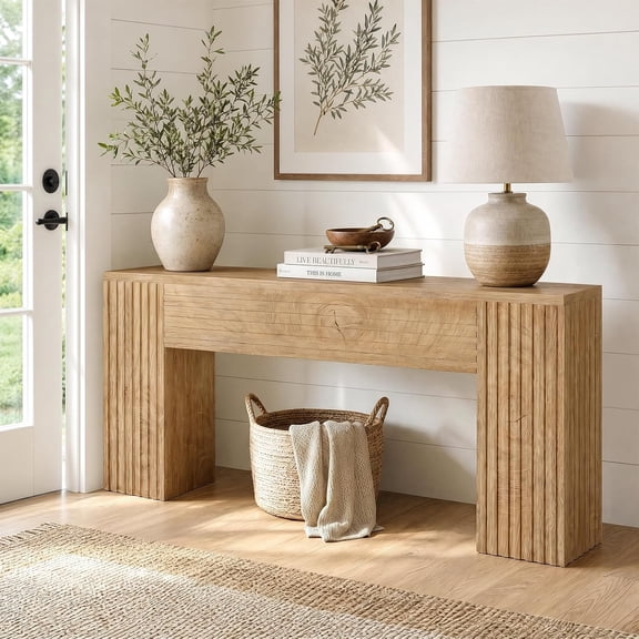Tribesigns 70.86" Long Fluted Console Table, Farmhouse Rectangular Entryway Table with Wooden Double Base, Narrow Wood Sofa Table Behind Couch for Entrance, Hallway, Foyer, Living Room, Brown