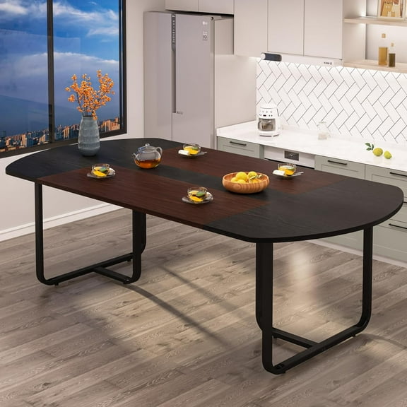 Tribesigns 70.86" Modern Oval Dining Table, Curved Kitchen Tables for 6-8, Large Dining Room Table with Stylish Metal Legs, Walnut and Black Finish Splicing Board