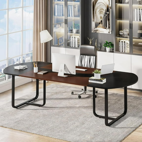 Tribesigns 70.86" Modern Oval Executive Computer Desk, Large Double Desk for Workstation, Walnut and Black Finish Splicing Board