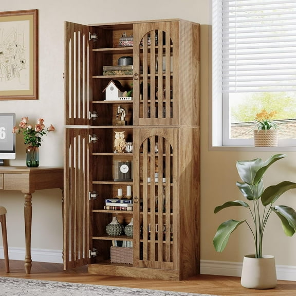 Tribesigns 70.86" Tall Bookcase with 4 Doors, 9-Tier Farmhouse Bookshelf with Shelves, Wooden Floor Standing Display Cabinet for Home Office and Living Room, Brown