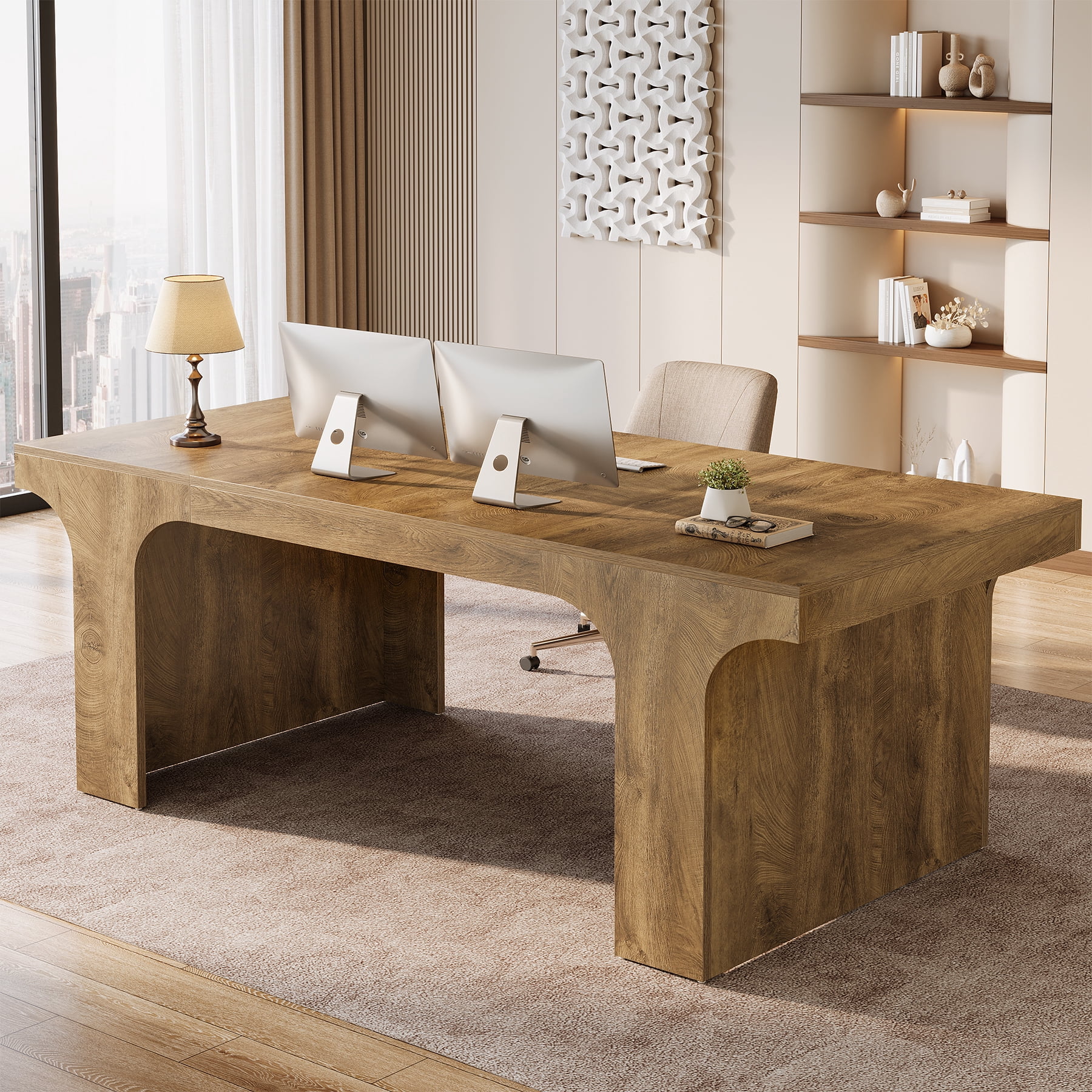 Tribesigns 70.87" Executive Office Desk, Large Workspace Computer Desk, Modern Wooden Table with Arched Design for Home Office, Brown