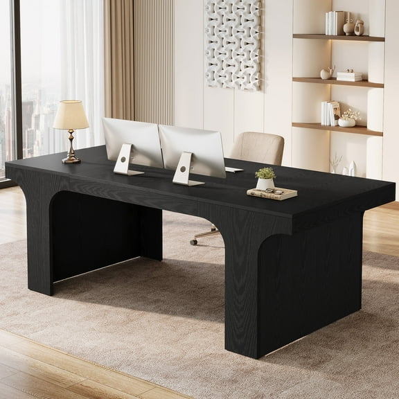 Tribesigns 70.87" Executive Office Desk, Modern Wooden Writing Table Simple Business Furniture with Arched Design for Home Office, Black