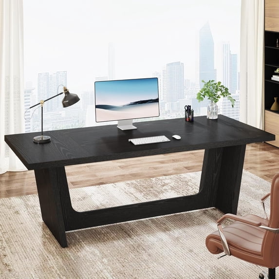 Finmind 70.87-Inch Executive Computer Desk with Solid Wood Pedestal, Black