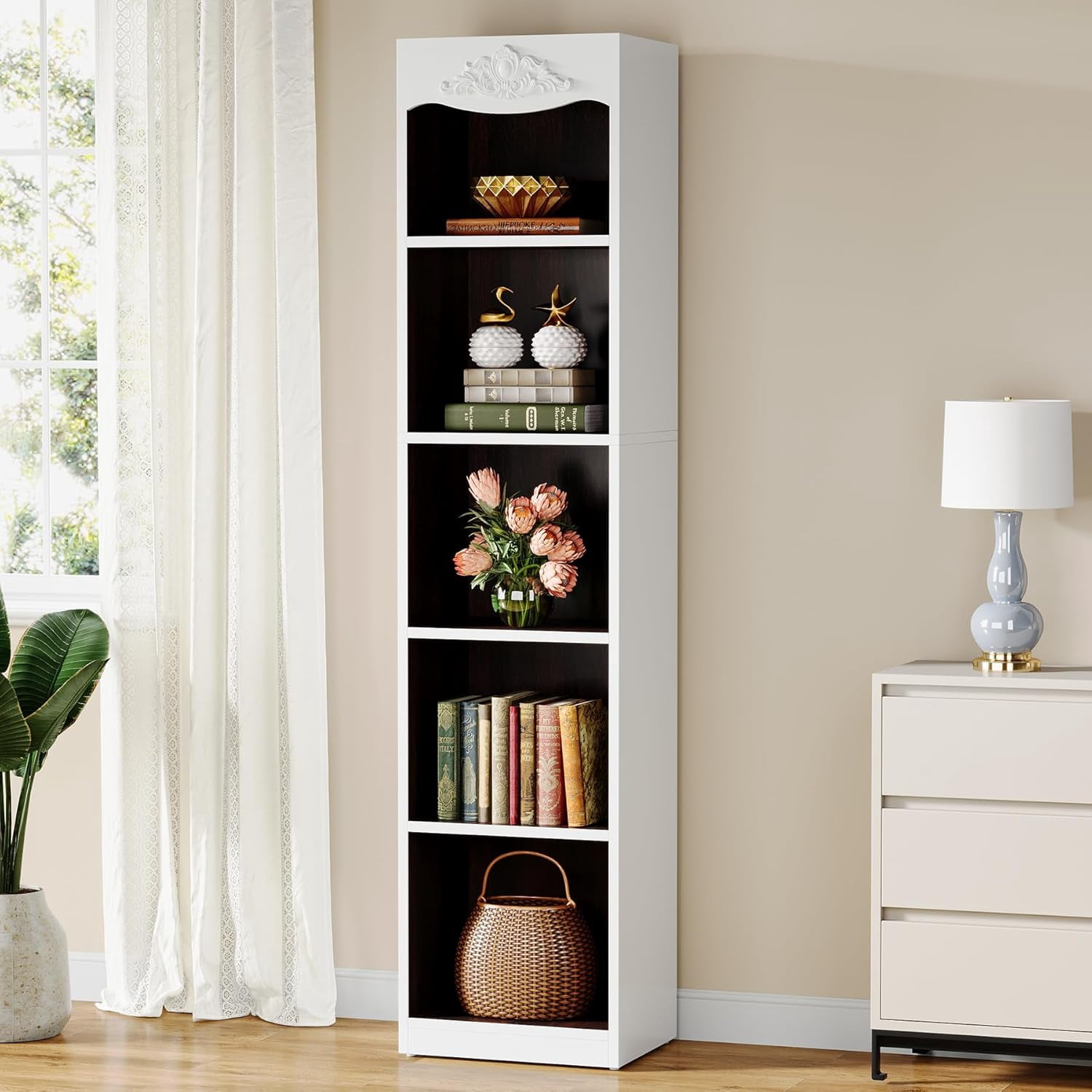 Tribesigns 70.87-Inch Tall Bookcase, 5-Tier Narrow Wood Bookshelf with ...