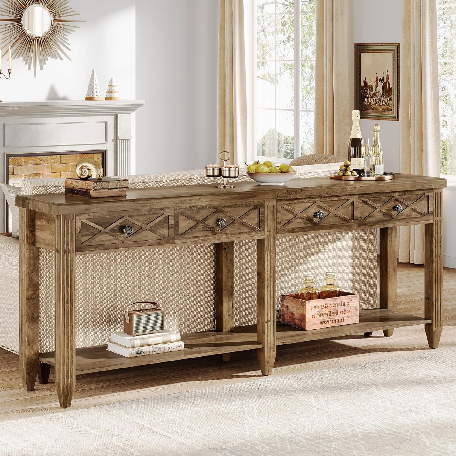 Finmind 70.87-inch Console Table with 4 Drawers, 2-Tier Wood Sofa Table ...