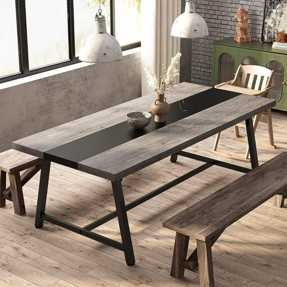Finmind 70.87in Rectangular Wood Dining Table for 8, Metal Frame (Grey & Black)