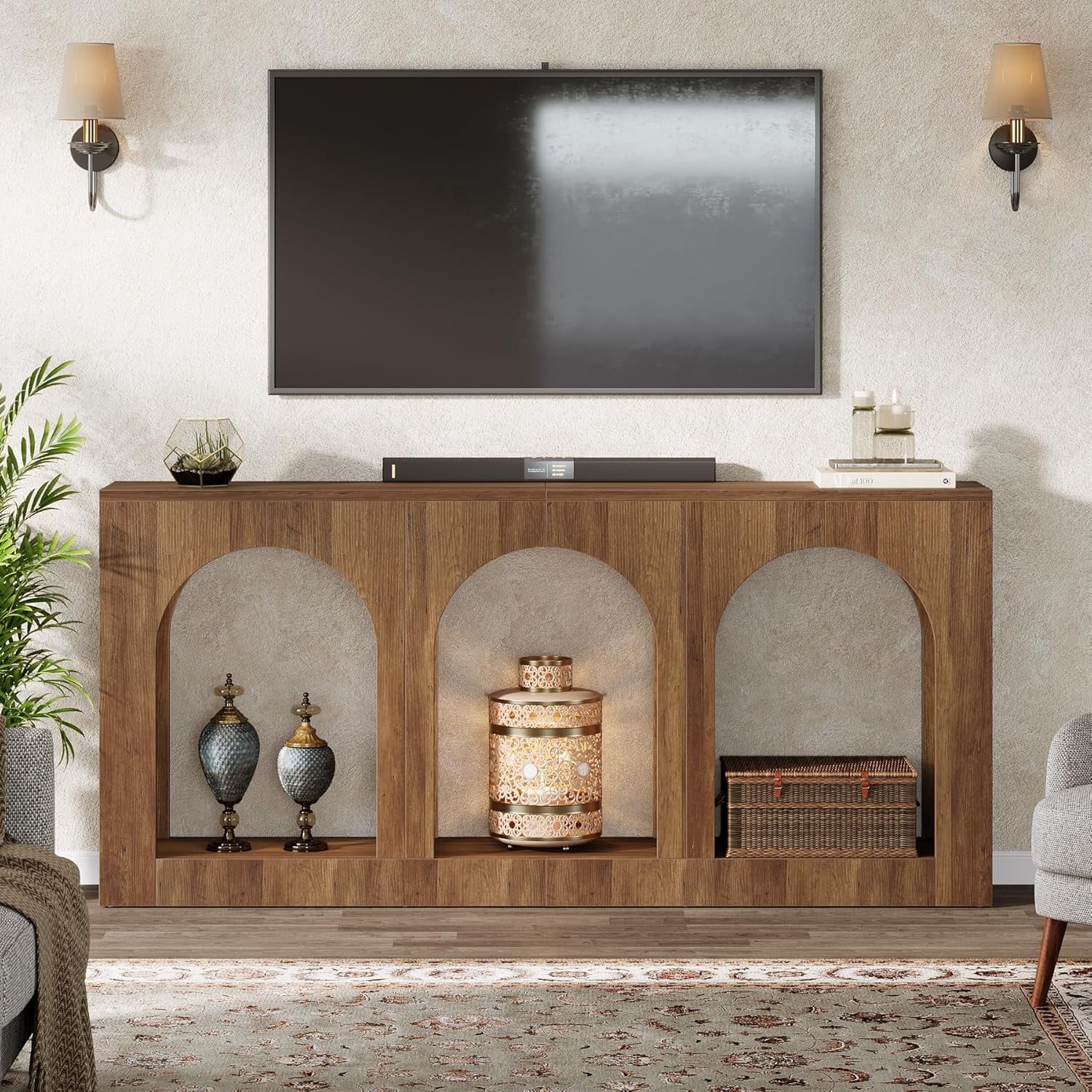 Finmind 70.9" Brown Console Entryway Table: Inviting Design with Three Arched Shelves, Offering Spacious Storage for Foyer, Living Room, Behind Sofa