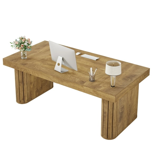 Tribesigns 70.9" Executive Desk, Farmhouse Computer Office Desk with Wooden Pedestal, Large Wooden Workstation with Thick Tabletop for Home Office, Rustic Study Writing Table, Brown