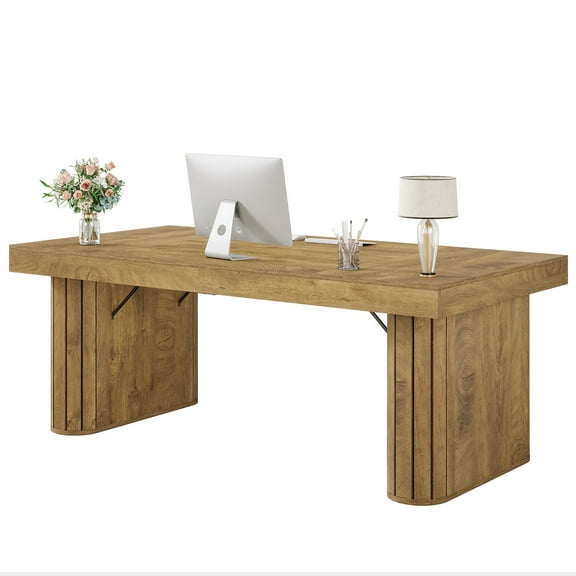 Tribesigns 70.9" Executive Desk, Farmhouse Computer Office Desk with Wooden Pedestal, Large Wooden Workstation with Thick Tabletop for Home Office, Rustic Study Writing Table, Brown
