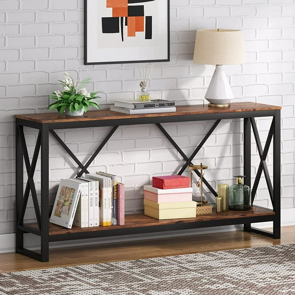 Finmind 70.9" Extra Long Console Table: Industrial & Rustic Sofa Table with Open Shelf, Rustic Brown