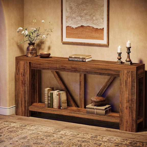 Tribesigns 70.9-Inch 2-Tier Farmhouse Console Table, Extra Long Sofa Table with Storage for Entryway, Hallway, Living Room, Rustic Brown