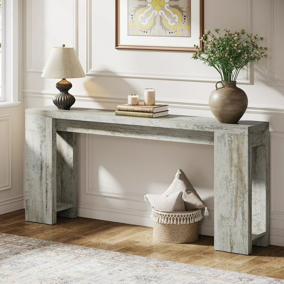Finmind 71" Long Console Table, Narrow Distressed White Entryway Table Wood Sofa Table