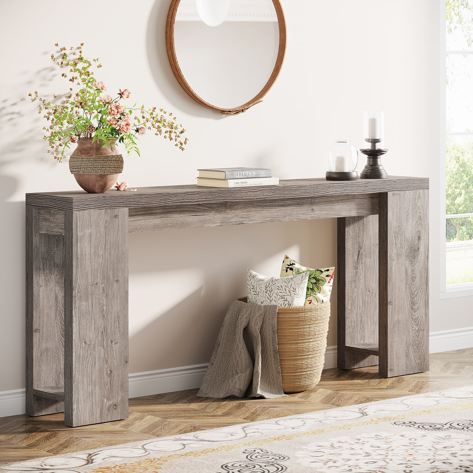 Gray Engineered Wood Farmhouse Console Table with Storage