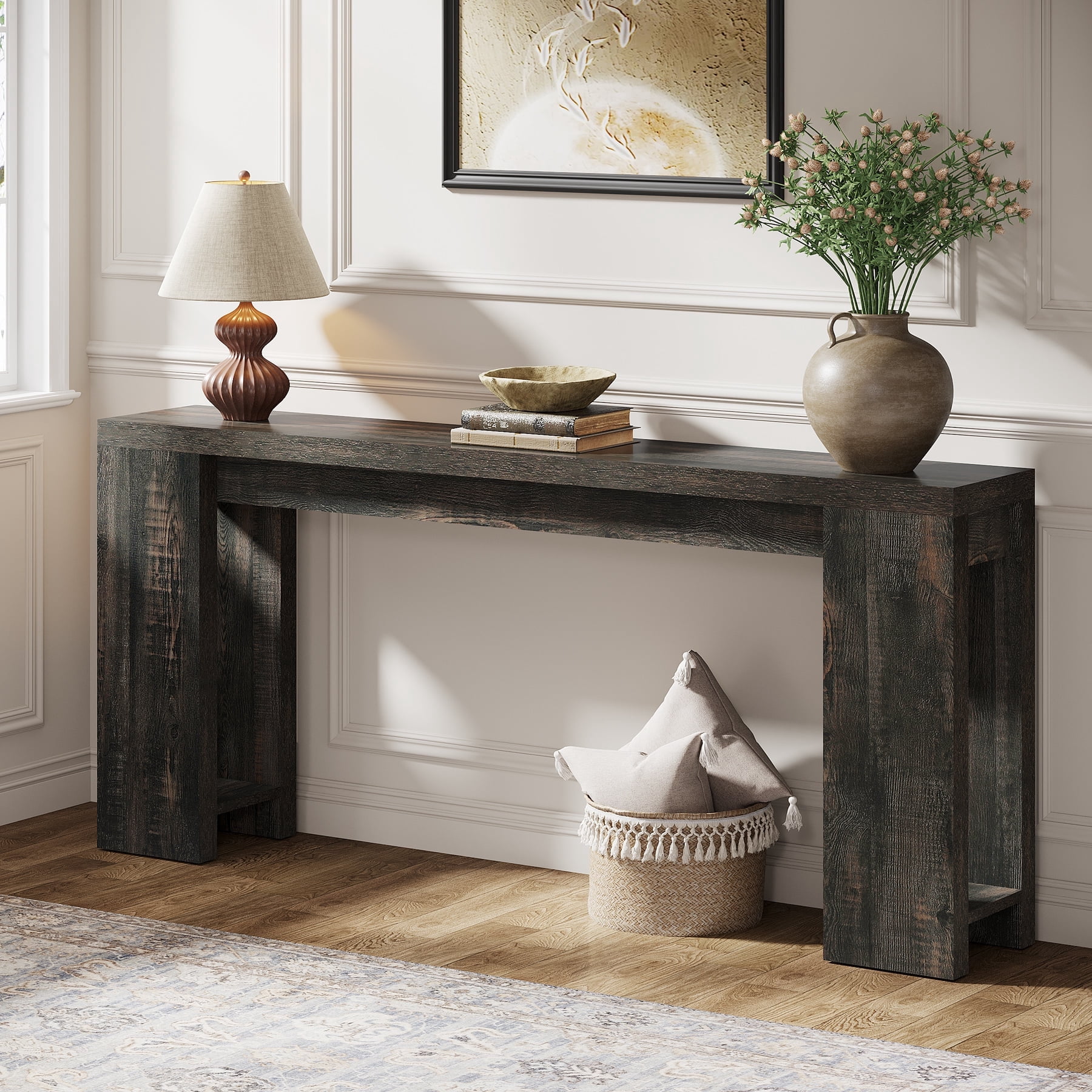Finmind 71" Long Console Table, Narrow Black Entryway Table Wood Sofa Table