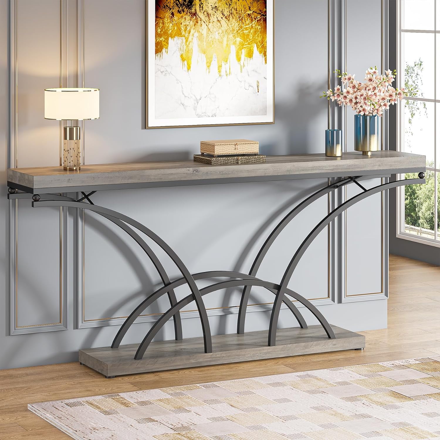70.9" Gray Faux Marble Console Table with Black Metal Legs
