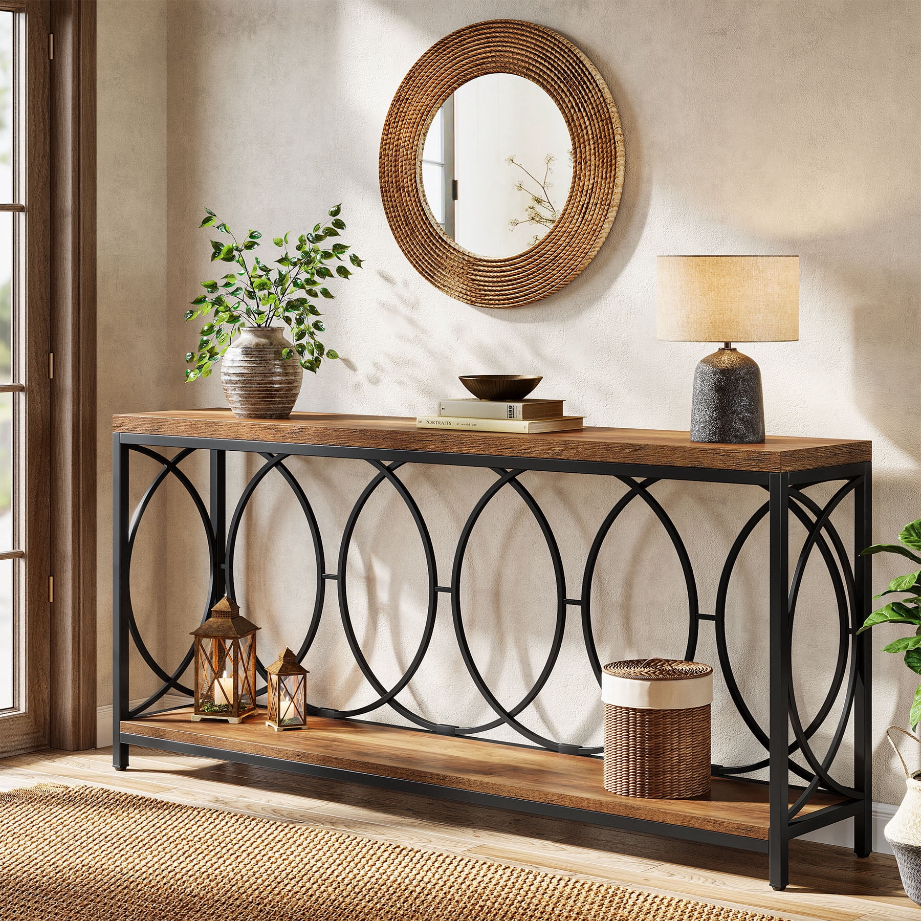 Tribesigns 70.9-Inch Extra Long Industrial Sofa Table, 2-Tier Console Table Behind Couch for Living Room, Entryway, Hallway, Rustic Brown