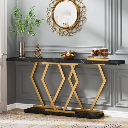 Finmind 70.9 Inch Extra Long Sofa Table, Console Table with Faux Marble Tabletop, Modern Long Entryway Table with Metal Frame, Black & Gold