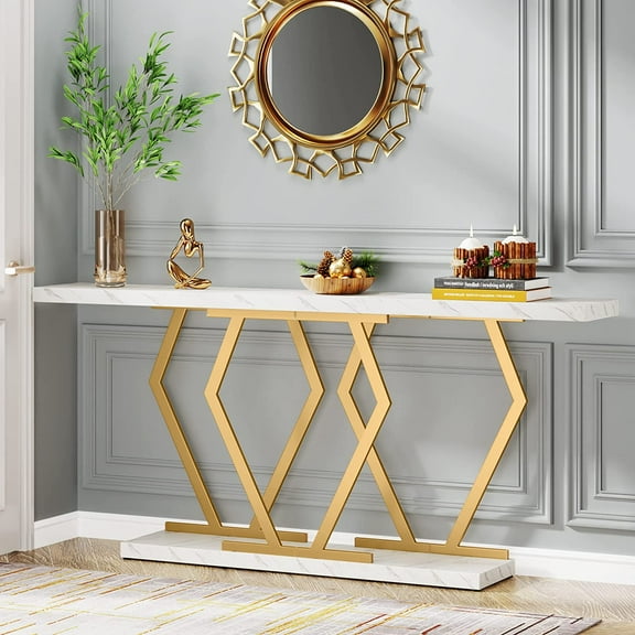 Tribesigns 70.9 Inch Extra Long Sofa Table, Console Table with Faux Marble Tabletop, Modern Long Entryway Table with Metal Frame, White & Gold