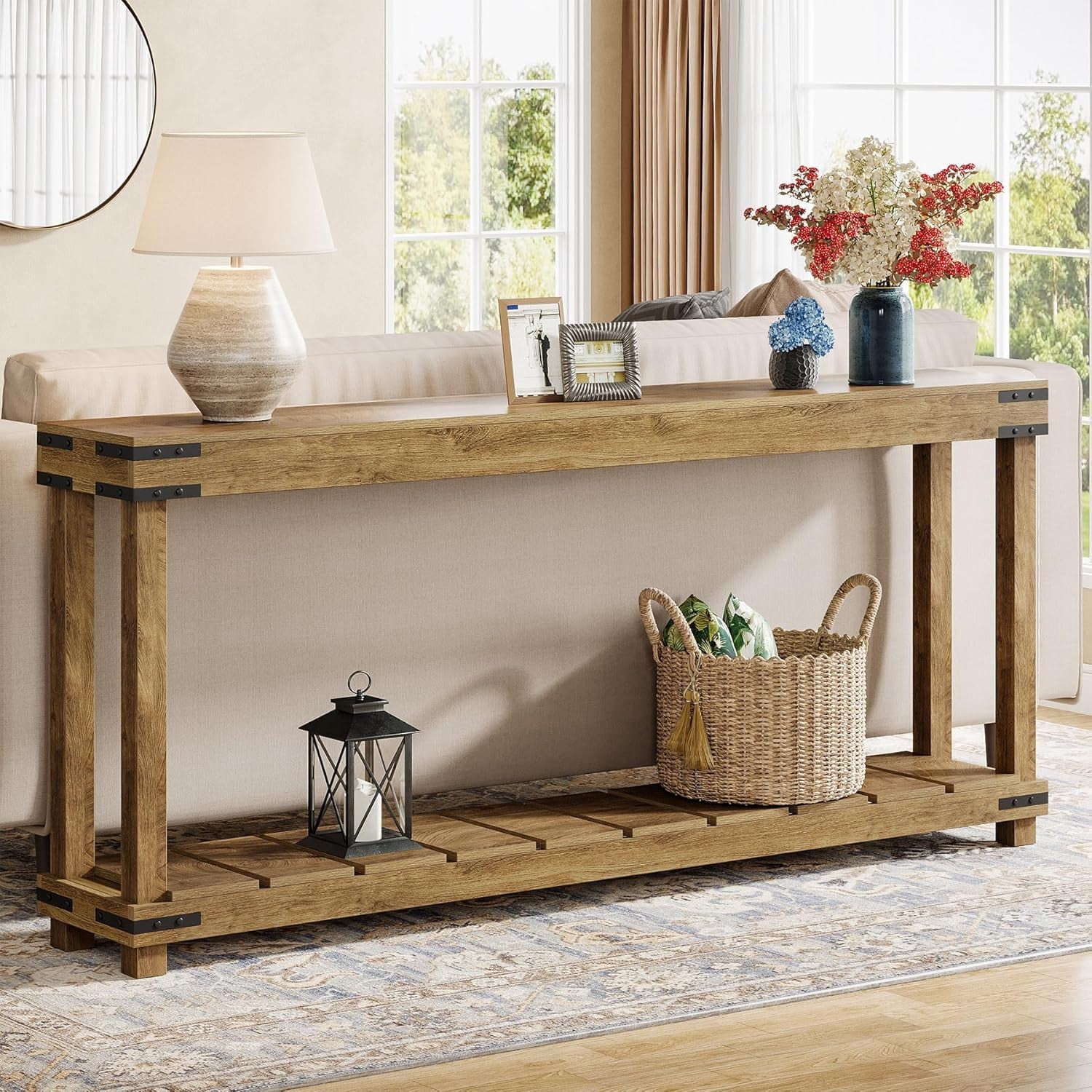Finmind 70.9-Inch Extra Long Sofa Table, Wood Farmhouse 2-Tier Console ...
