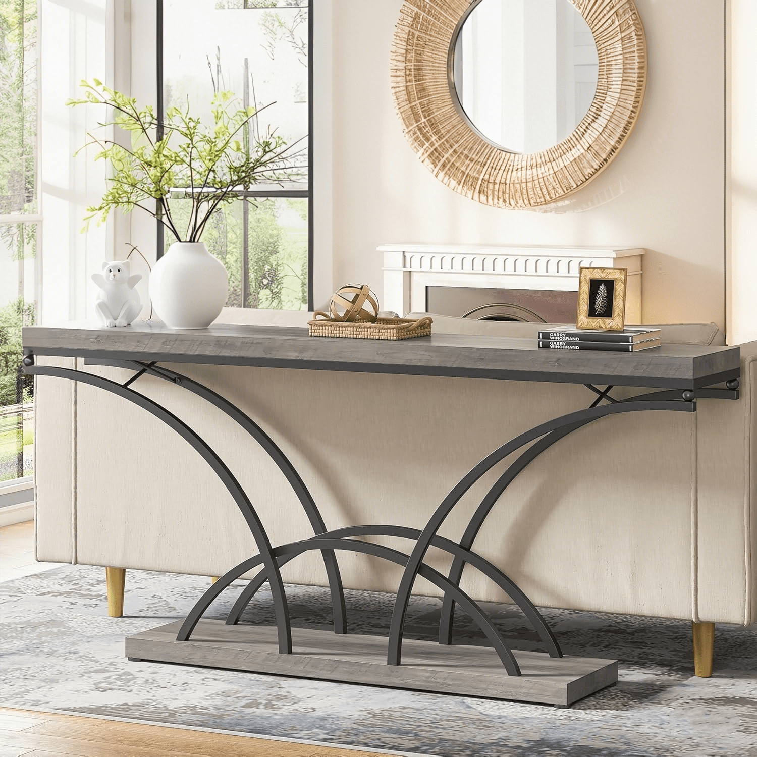 70.9" Gray Faux Marble Console Table with Black Metal Legs