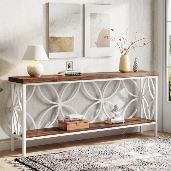 Tribesigns 70.9-Inch Narrow Sofa Table, Industrial Long Sofa Table Behind Couch, Entry Console Table with Storage for Entryway, Living Room, Foyer, Unique Design, Rustic Brown & White