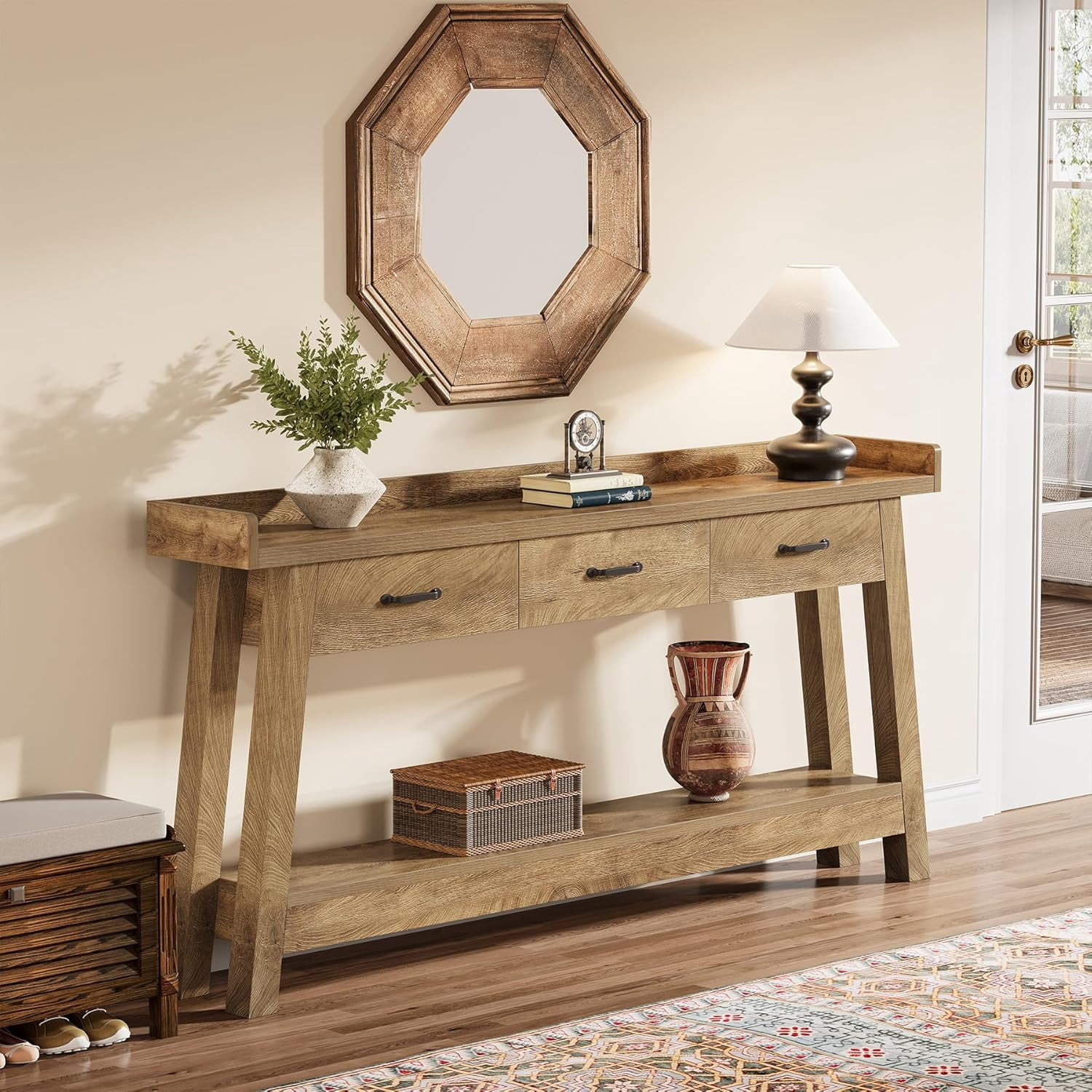Tribesigns 70.9-Inch Sofa Console Table with 3 Drawers, 2-Tier Extra Long Farmhouse Entryway Table for Living Room, Entrance, Rustic Brown